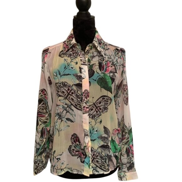 🦋 Signature Studio Butterfly Pattern Sheer Blouse, Pre-Owned, Size S 🌸 - Picture 1 of 17